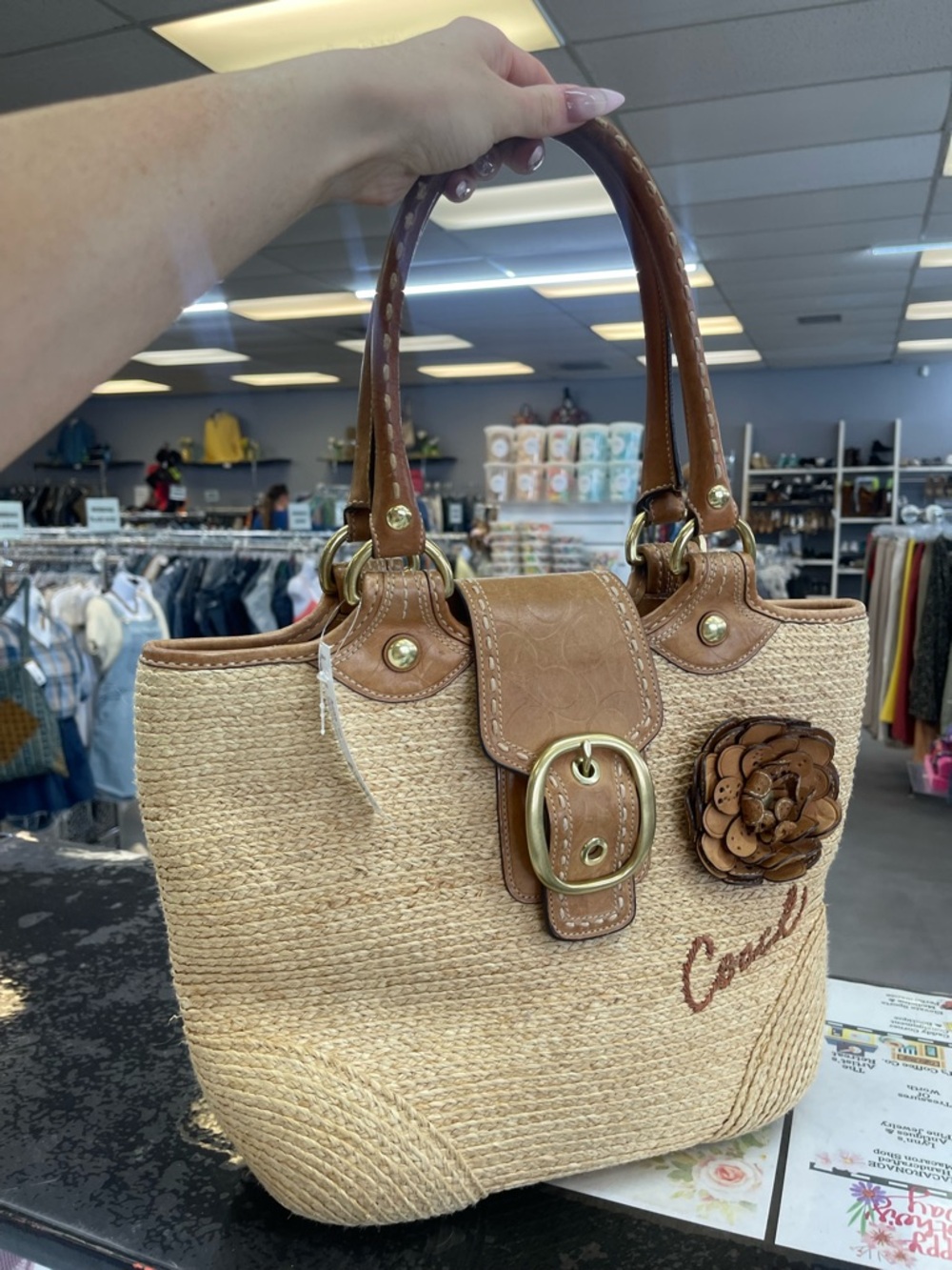 Coach Beige Straw Tote with Brown Leather Trim and Floral Accent